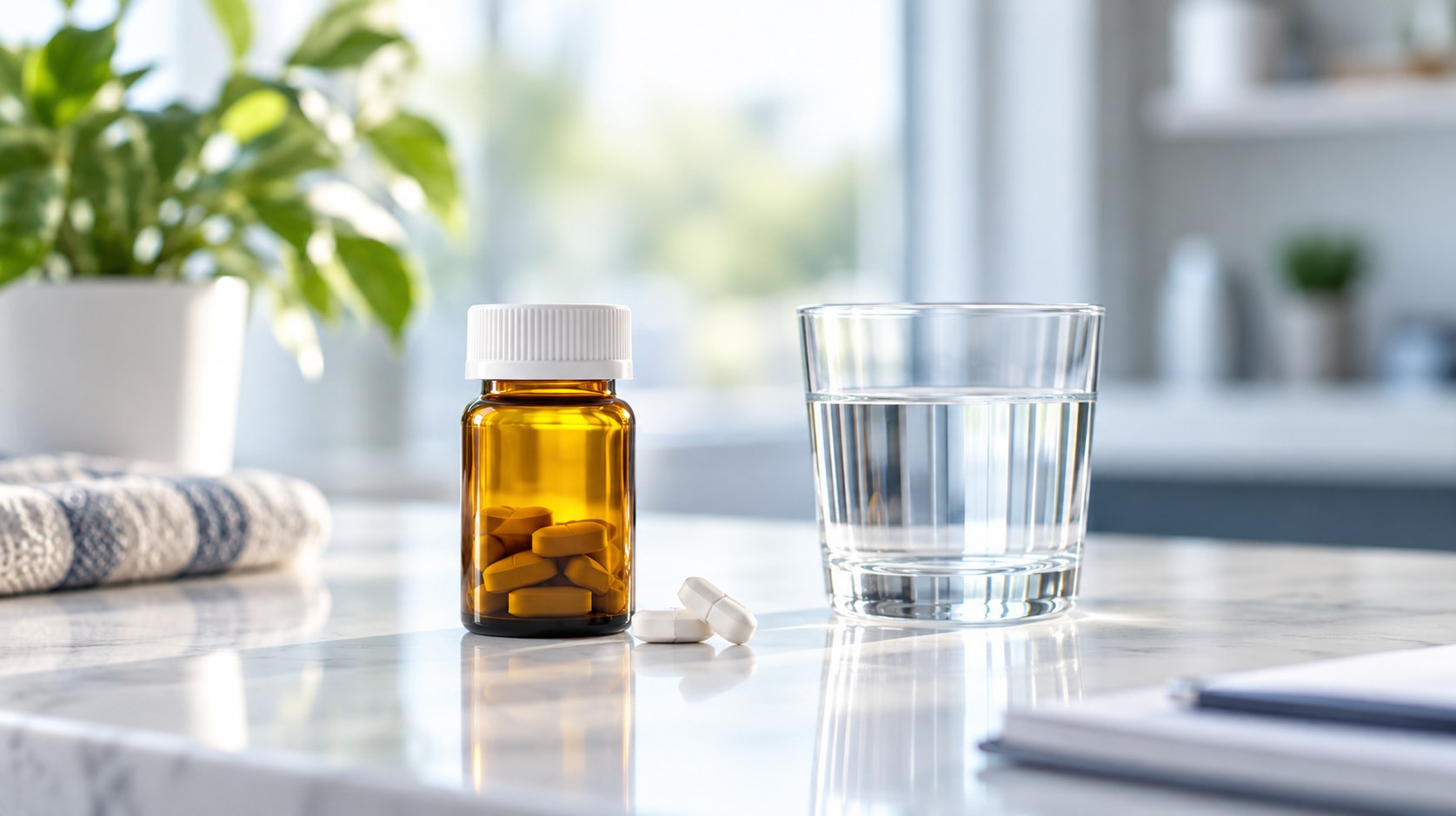 Unlabelled amber medicine bottle on a white counter, illustrative pharmacy photography