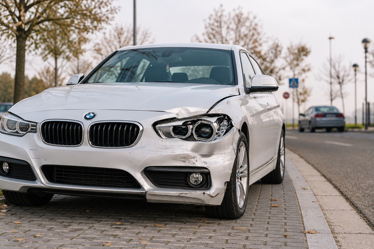 Illustrative stock photo of a car with a broken headlight and dented bumper parked at the roadside after a collision