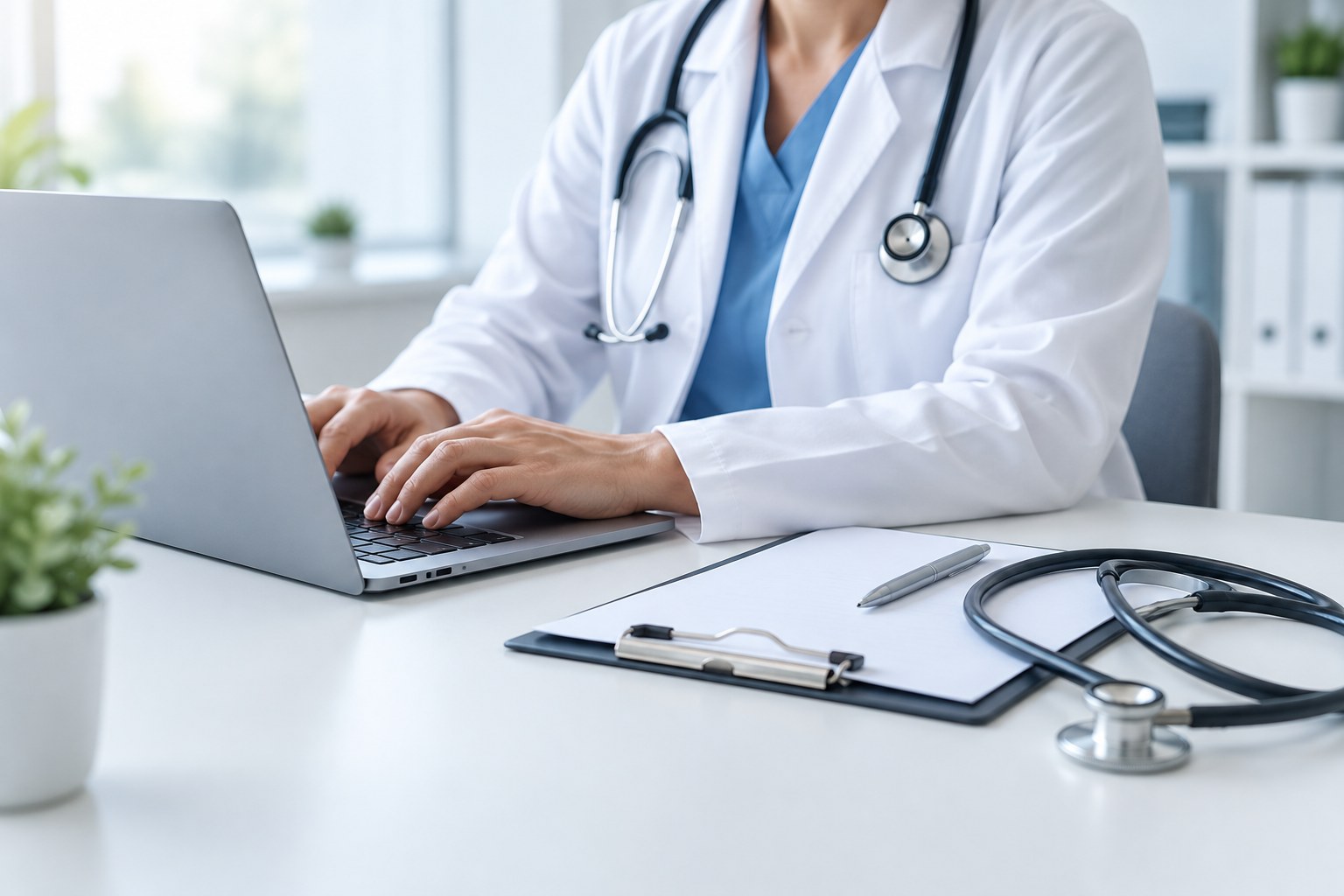 Illustrative stock photo of a clinician typing at a laptop beside a blank clipboard and a stethoscope, not Peak staff