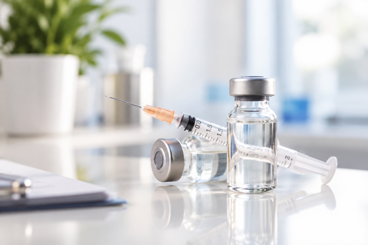 Unlabelled vials and a capped syringe, illustrative pharmacy photography
