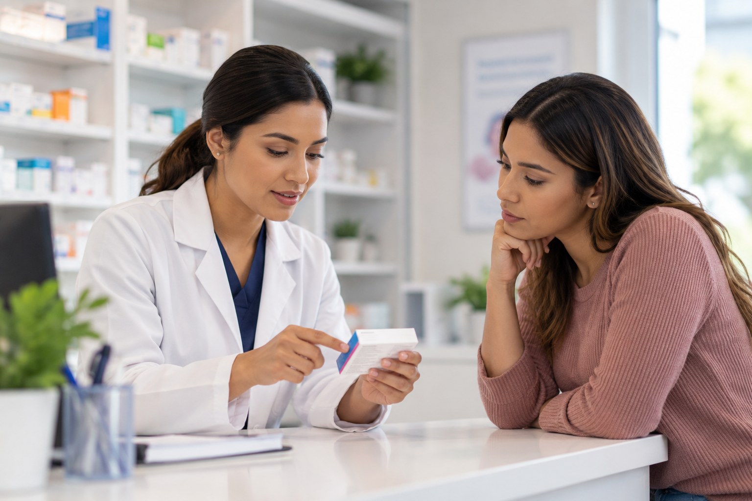 A pharmacist counseling a patient about her medication