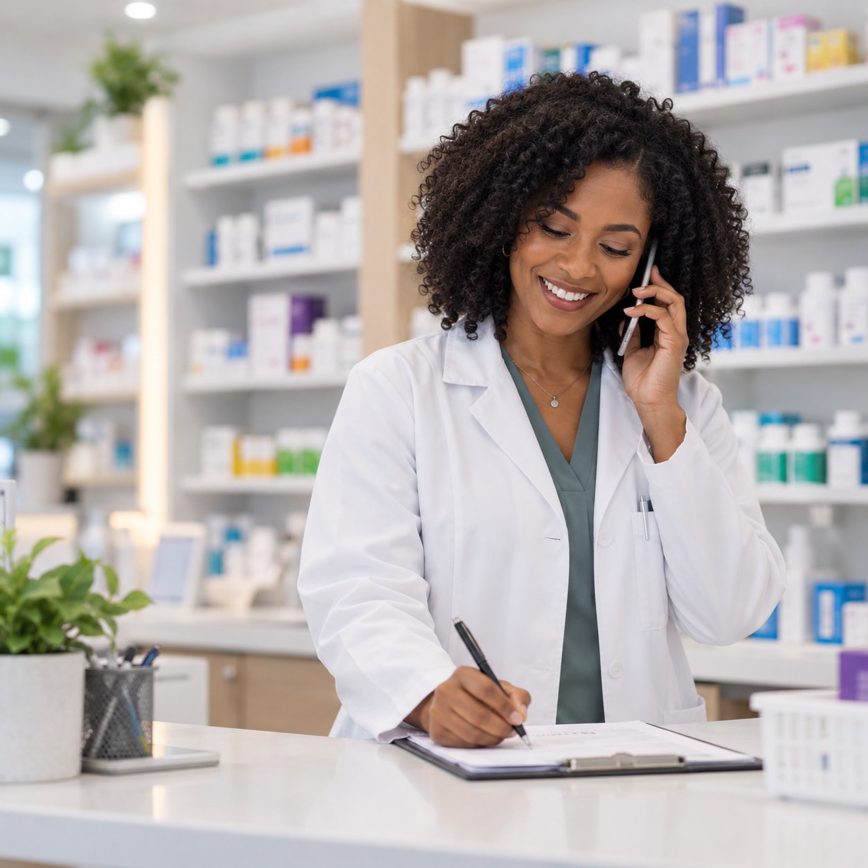 Illustrative stock photo of a pharmacist speaking on the phone, not Peak staff