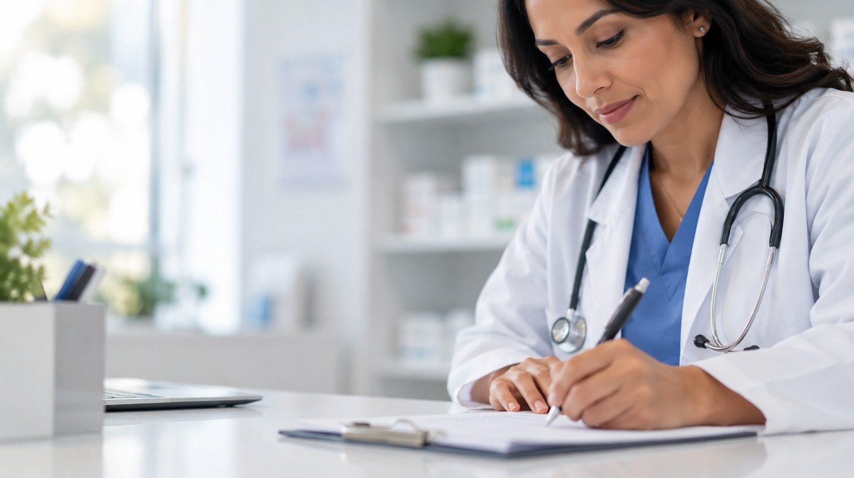 Illustrative stock photo of a provider writing a prescription, not Peak staff
