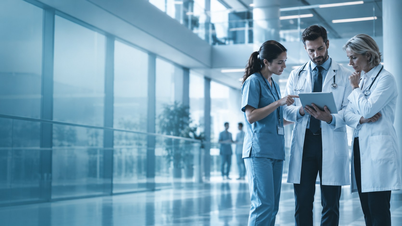 Illustrative stock photo of healthcare professionals discussing a case, not Peak staff