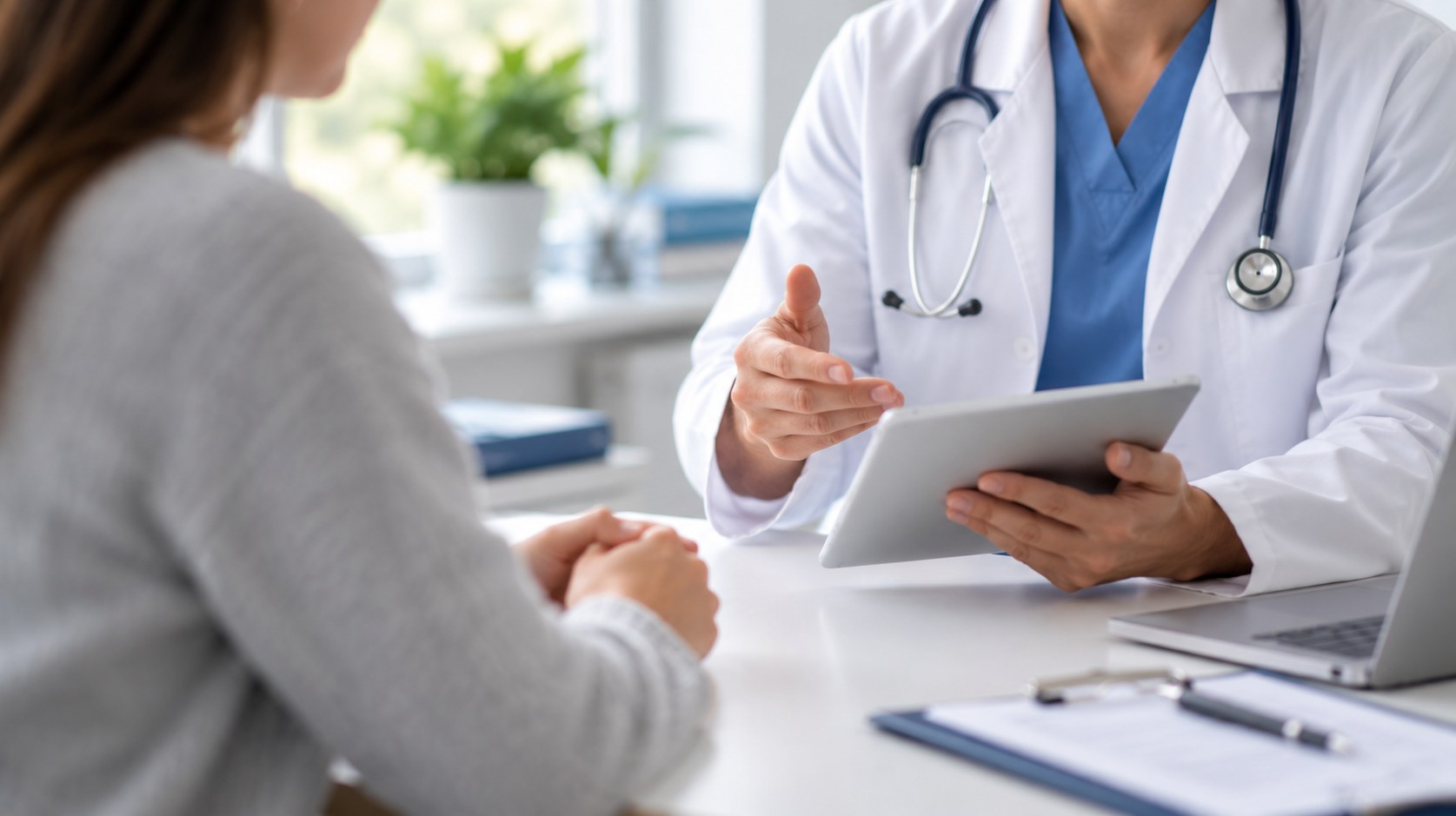 Illustrative stock photo of a clinician reviewing notes during a consultation, not Peak staff
