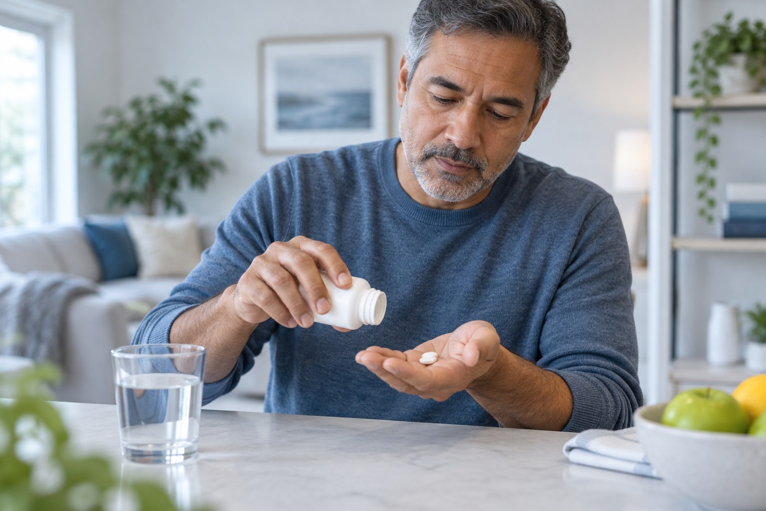 Illustrative stock photo of a person taking tablets from an unlabelled bottle at home, not Peak staff